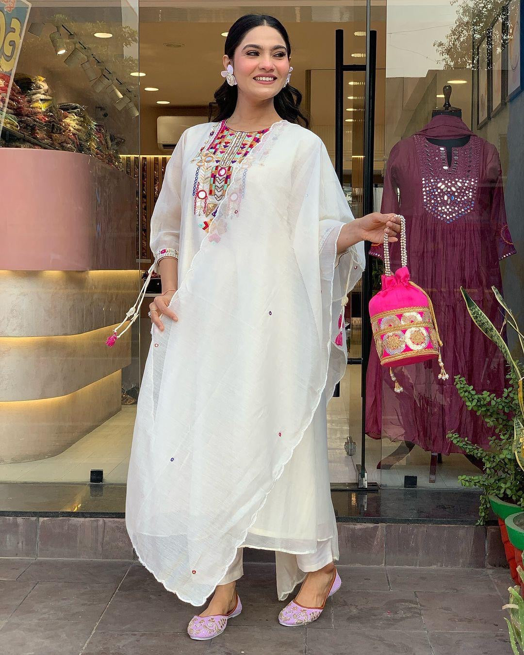 Premium Chanderi Neck Work Summer Special Kurti Pant Dupatta Set (Stitched) - Premium from Ethenika.com - Just INR 1990! Shop now at Ethenika.com