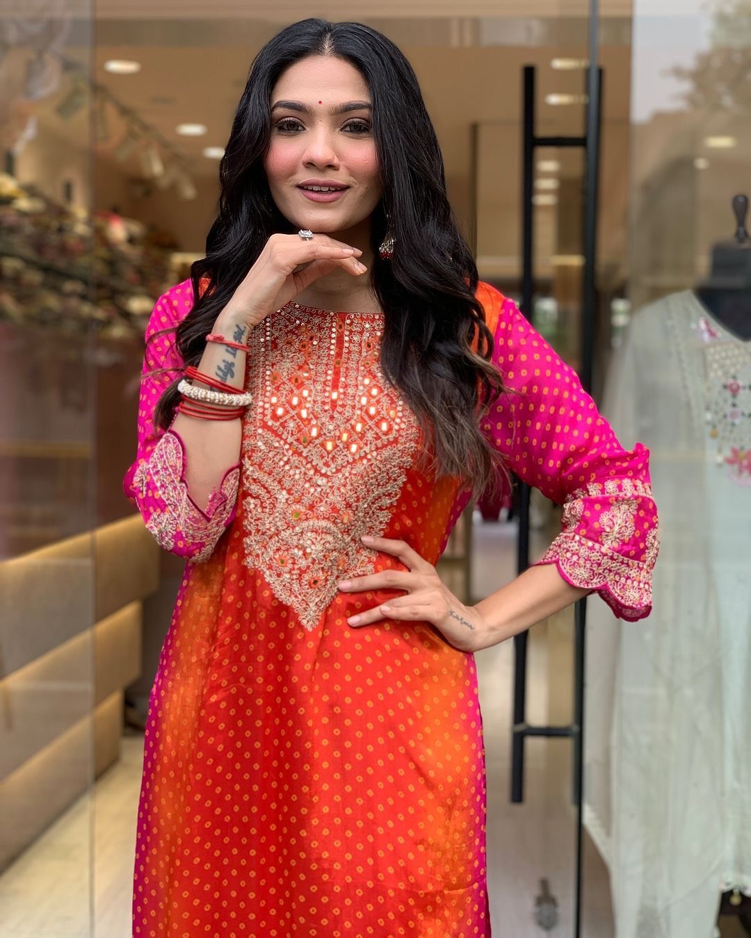 Chinon Digital Bandhani Print with Neck Thread Embroidery work Kurti Pant Dupatta Set(Stitched) - Premium from Ethenika.com - Just INR 2990! Shop now at Ethenika.com