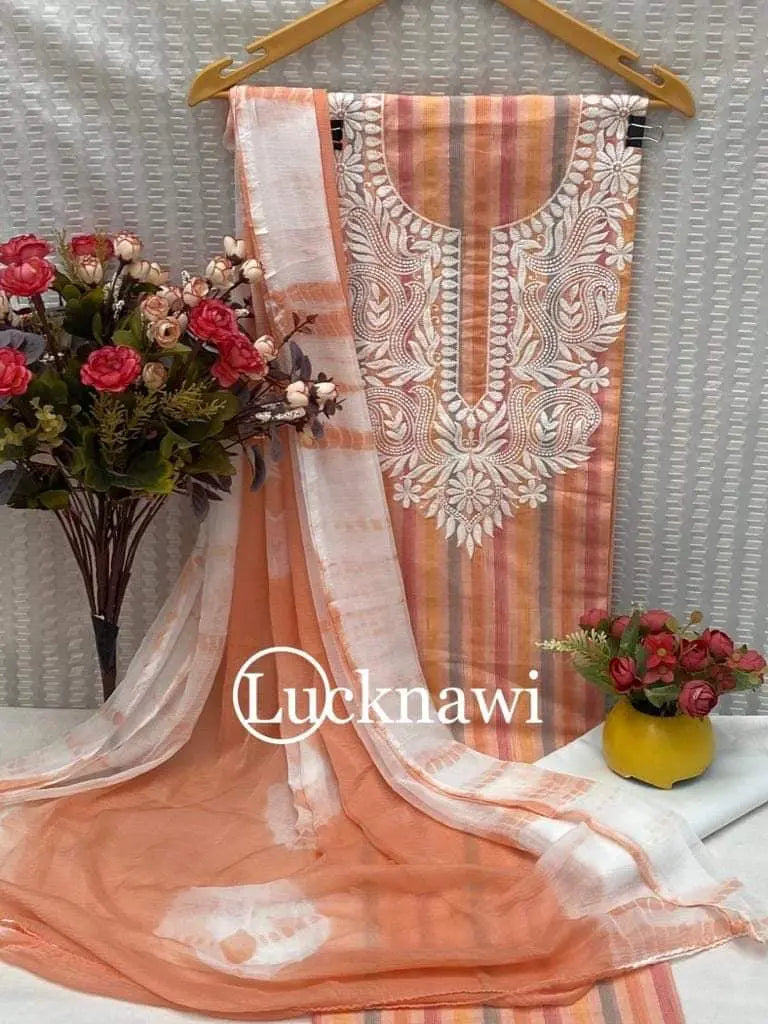 Lucknawis Neck work Embroidery work Stripe pattern Material (Unstitched) Ethenika.com