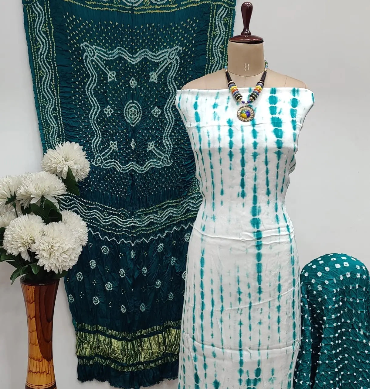 Modal Ghazi Silk White Concept Bandhani Dress Material with Ladgi patta Dupatta - Premium from Ethenika.com - Just INR 5990! Shop now at Ethenika.com