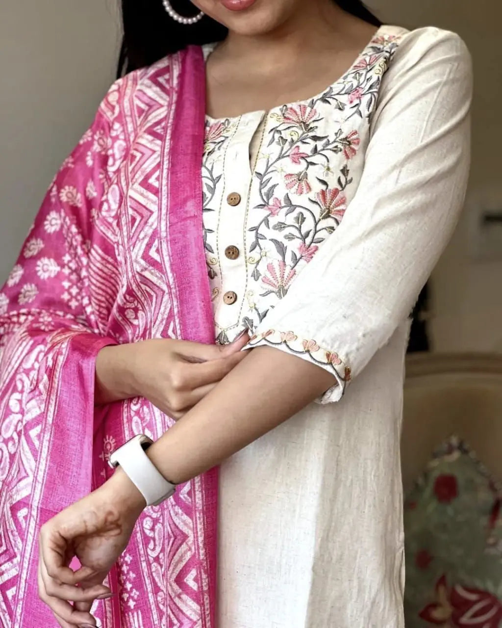 Handloom Khadi Cotton Embroidery work Kurti Pant Dupatta Set (Stitched) - Premium from Ethenika.com - Just INR 1890! Shop now at Ethenika.com