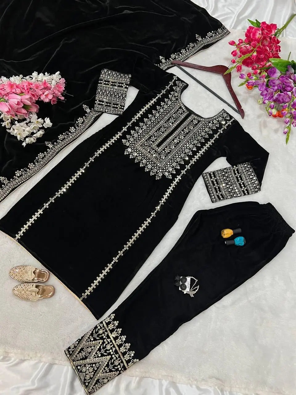 Ethenika Thread Embroidery work Party Wear Velvet Kurti Pant Dupatta Set (Ready to wear) - Premium from Ethenika.com - Just INR 3290! Shop now at Ethenika.com