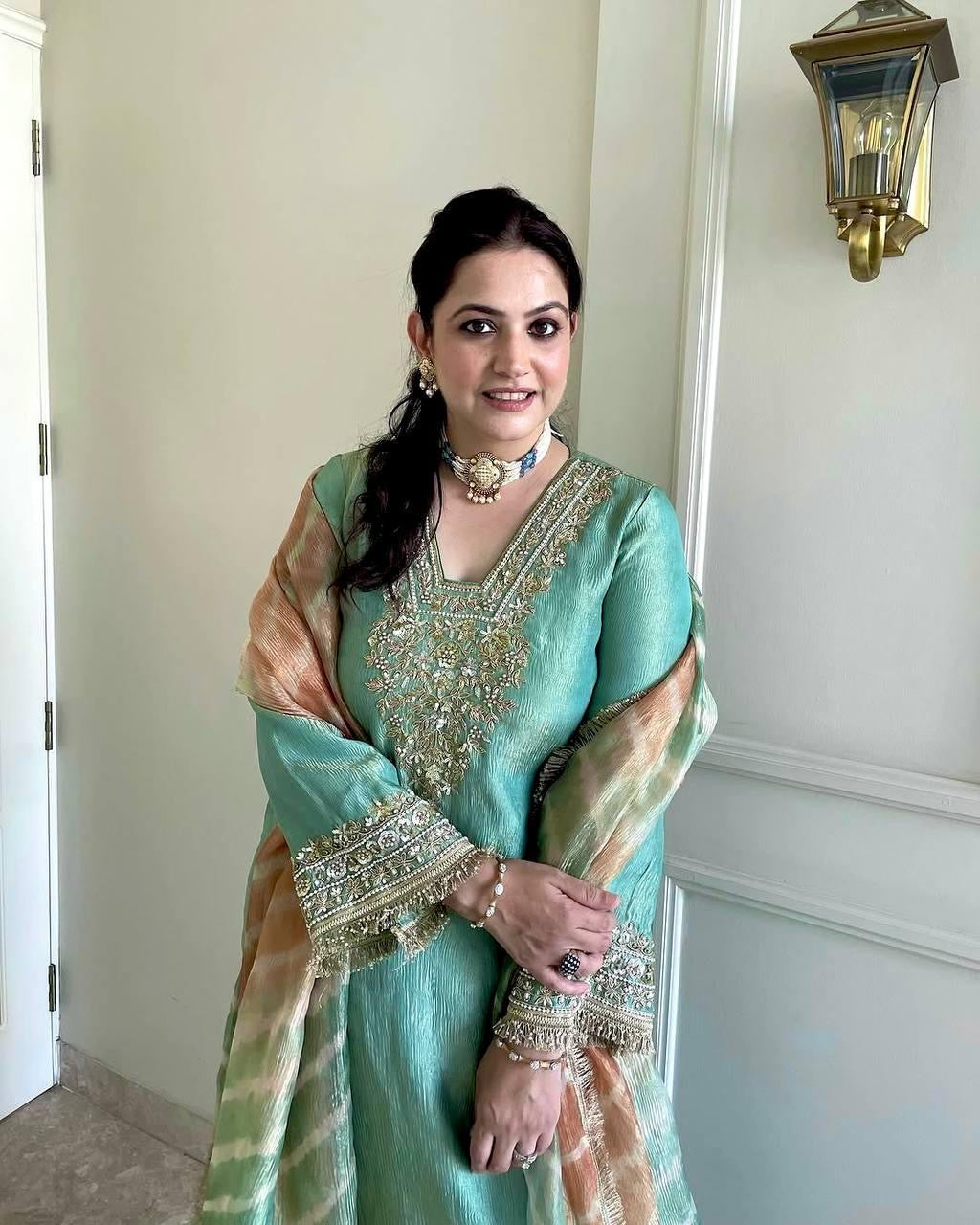 Ethenika Silk Designer Moti Work Party Wear Kurti Pant Dupatta Set (Fully Stitched) - Premium from Ethenika.com - Just INR 3990! Shop now at Ethenika.com