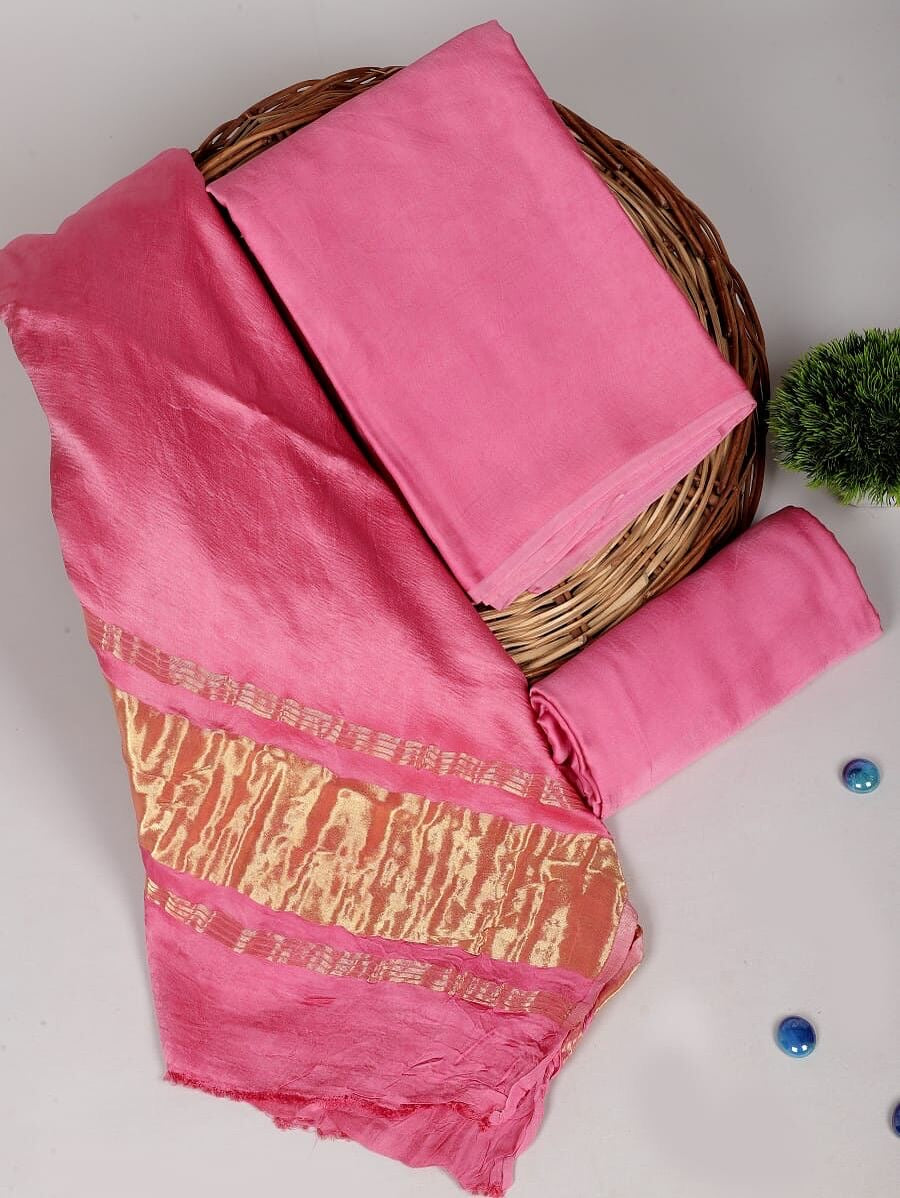 Chanderi Silk Plain Concept Dress Material with Zari Weaving Dupatta (Unstitched)