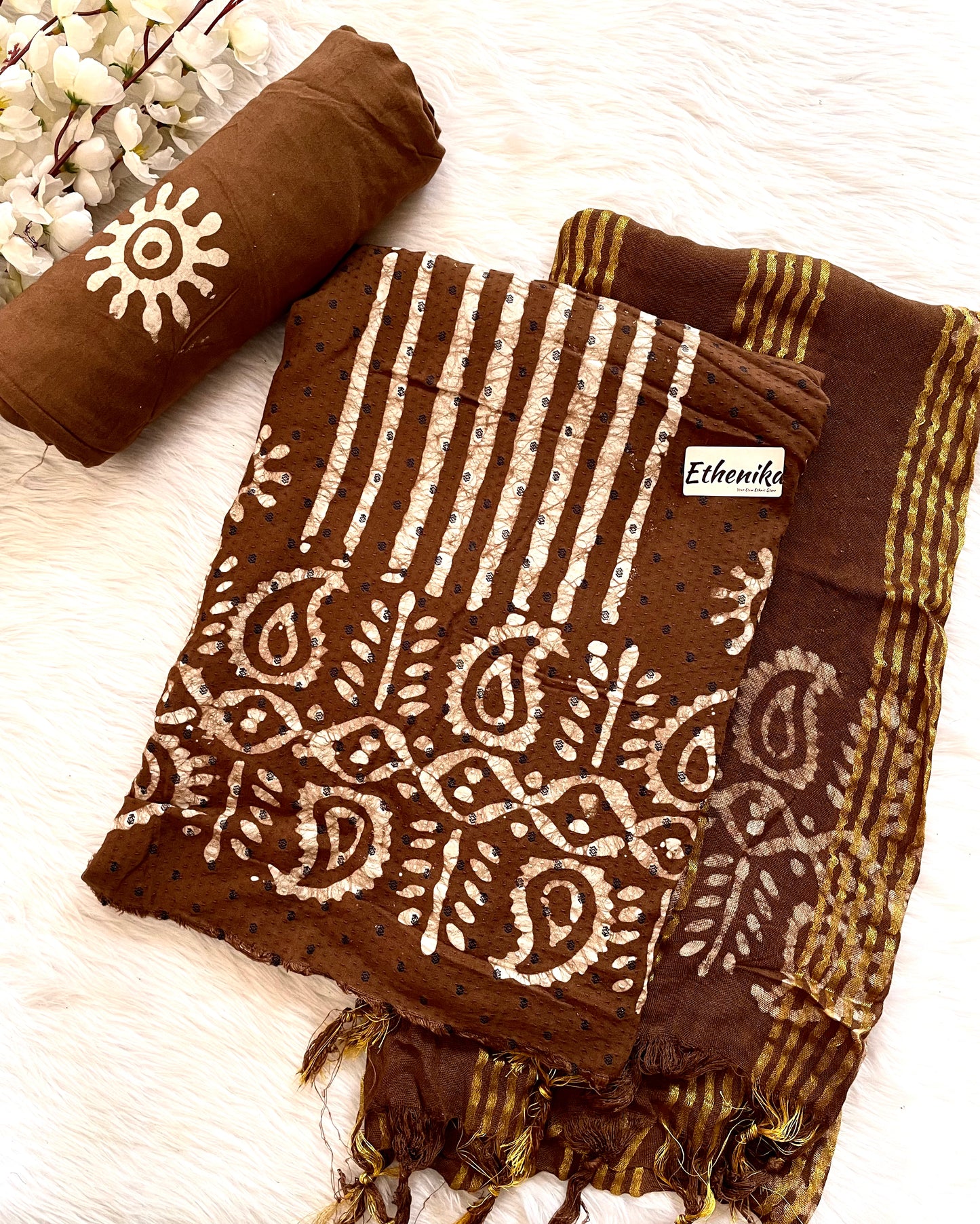 Hand Blocked Wax Batik Dress Material with Fumka work Dupatta (Unstitched) - Premium from Ethenika.com - Just INR 1390! Shop now at Ethenika.com