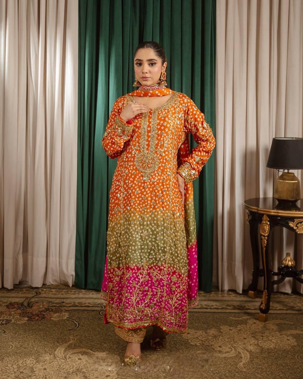 Chinon Silk Digital Bandhani Print with Sequence Embroidery work Party Wear Kurti Pant Dupatta Set (Ready to Wear)