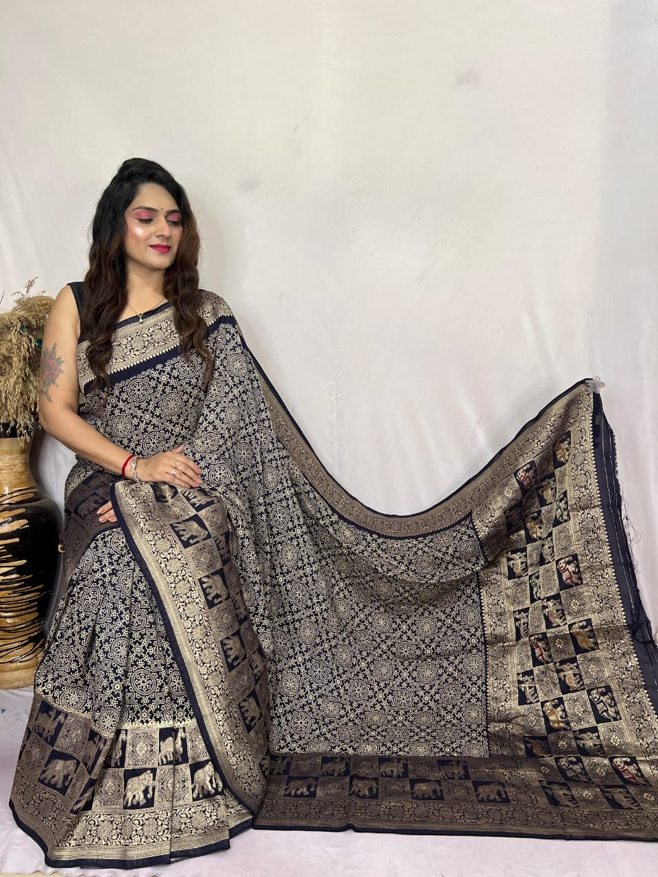 Dola Silk Authentic Hand Crafted Ajrakh Work Saree - Premium from Ethenika.com - Just INR 5990! Shop now at Ethenika.com