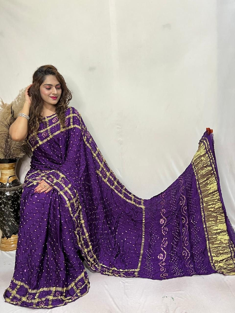 Pure Modal Silk Golden Chex Hand Made Barik Bandhej work Silk Bandhani Saree - Premium from Ethenika.com - Just INR 5990! Shop now at Ethenika.com