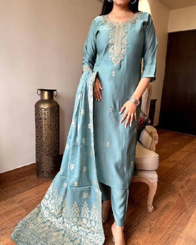 Viscose Chanderi Neck work Kurti Pant Dupatta Set - Premium from Ethenika.com - Just INR 2990! Shop now at Ethenika.com
