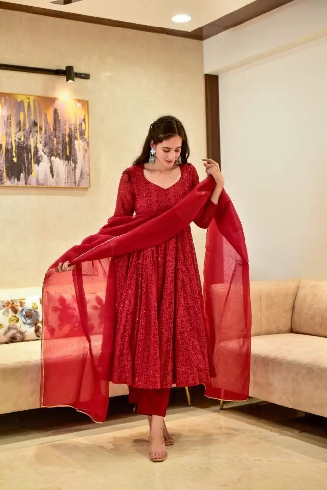 Georgette Chikankari Work Red Anarkali Dress Red / M(38) Georgette Chikankari Work Red Anarkali Dress Red / M(38)