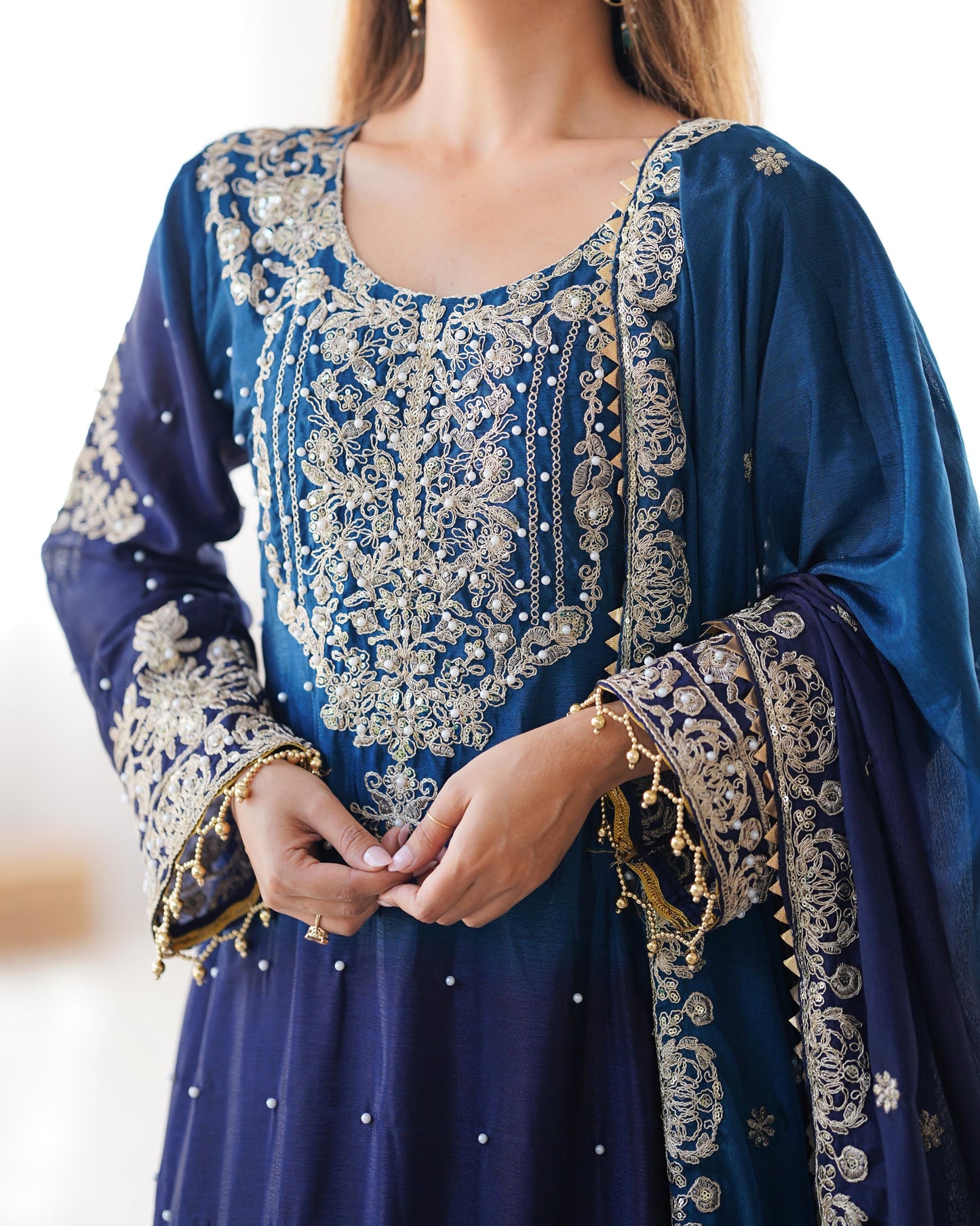 Chinon Silk Real Moti work with Sequence hand embroidery work Kurti Sharara Dupatta Set (Fully Stitched) - Premium from Ethenika.com - Just INR 4990! Shop now at Ethenika.com