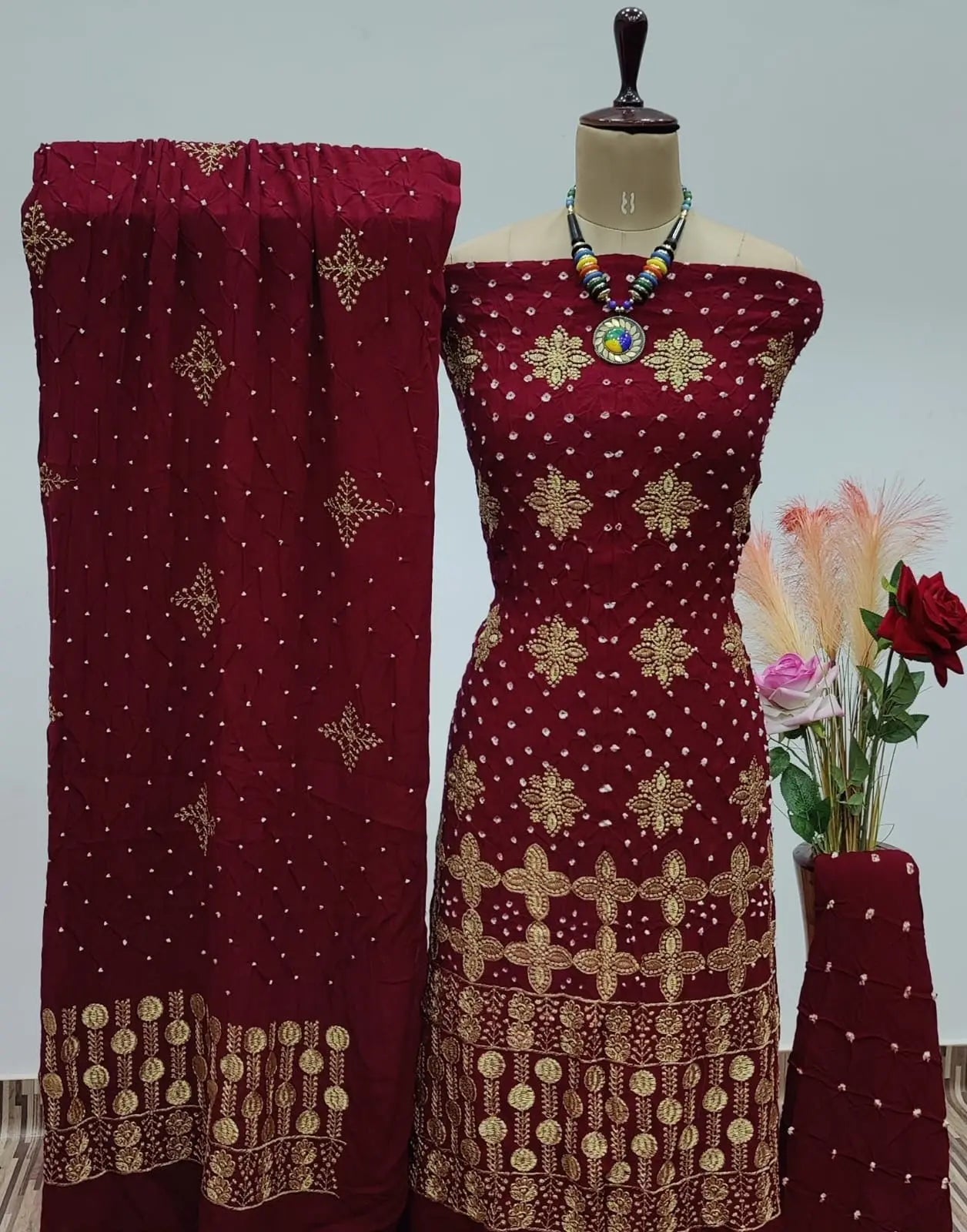Reyon Embroidery Work Authentic Hand Crafted Kutch Bandhani Dress Material - Premium from Ethenika.com - Just INR 2190! Shop now at Ethenika.com