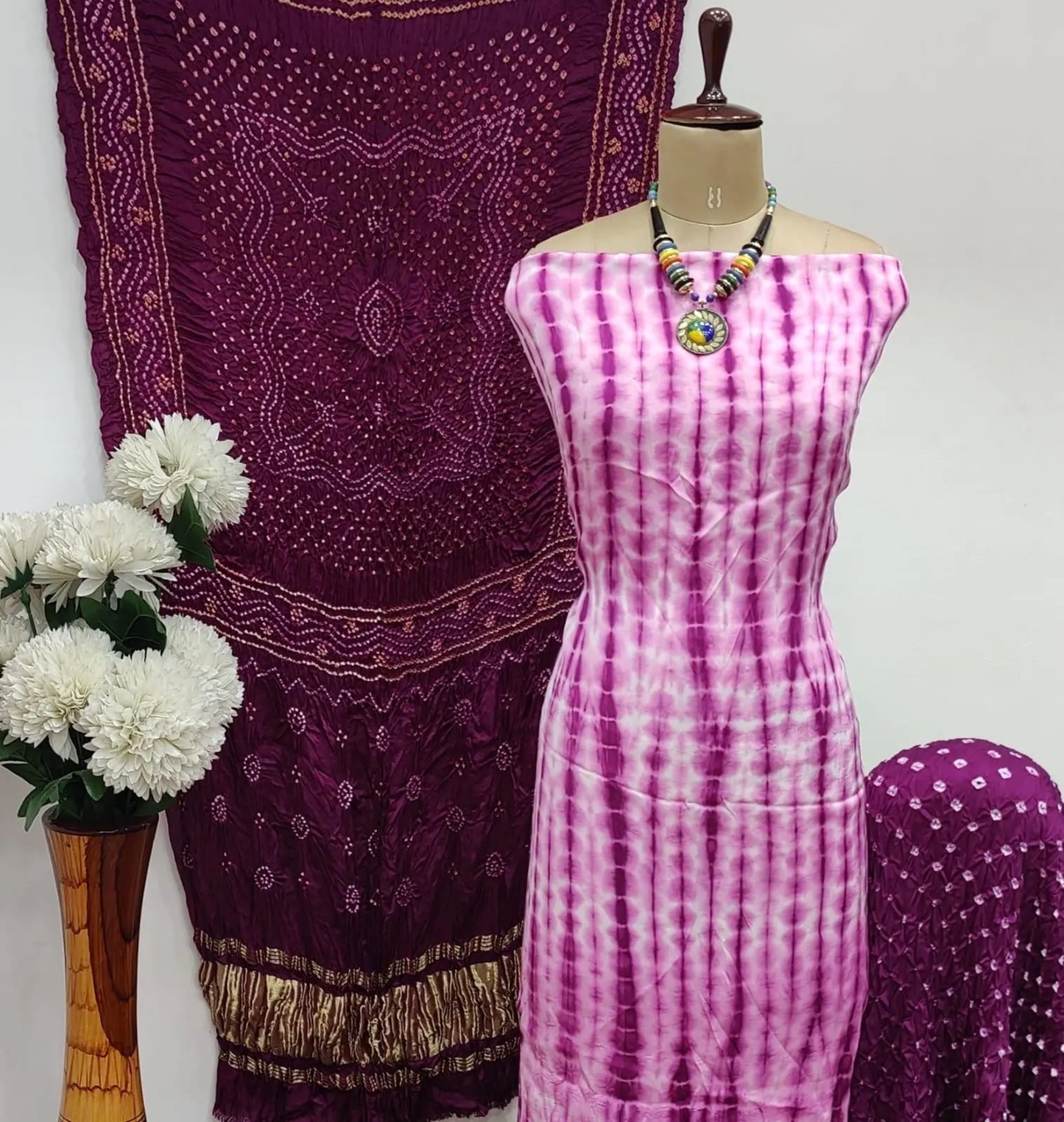 Modal Ghazi Silk White Concept Bandhani Dress Material with Ladgi patta Dupatta - Premium from Ethenika.com - Just INR 5990! Shop now at Ethenika.com