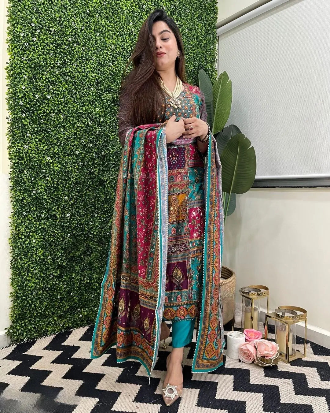 Muslin Real Mirror work Digital Print Party wear Kurti Pant Dupatta set - Premium from Ethenika.com - Just INR 2790! Shop now at Ethenika.com