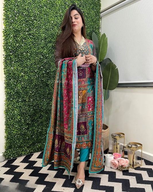 Muslin Real Mirror work Digital Print  Party wear Kurti Pant Dupatta set - Premium  from Ethenika.com - Just INR 2790! Shop now at Ethenika.com