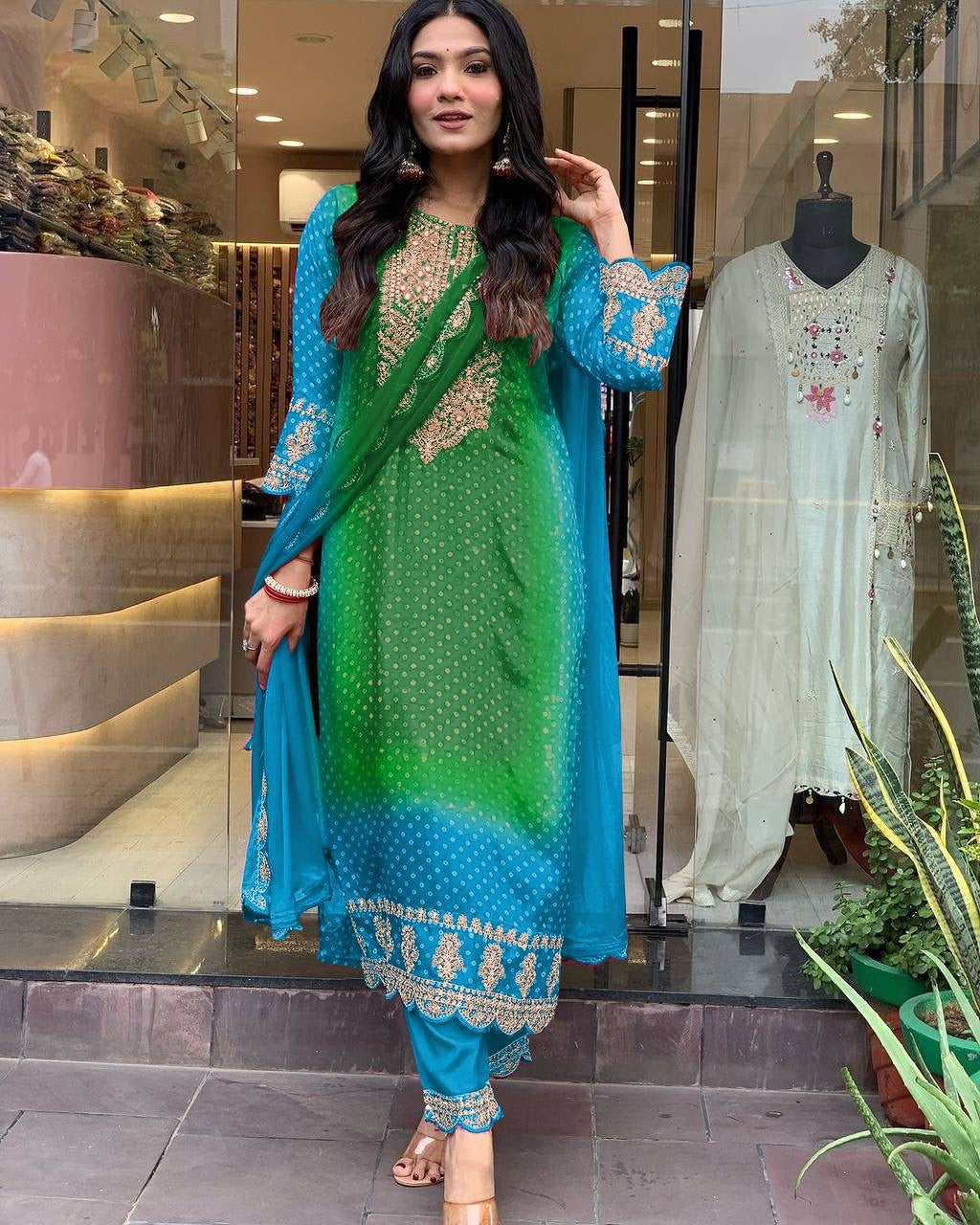 Chinon Digital Bandhani Print with Neck Thread Embroidery work Kurti Pant Dupatta Set(Stitched) - Premium from Ethenika.com - Just INR 2990! Shop now at Ethenika.com