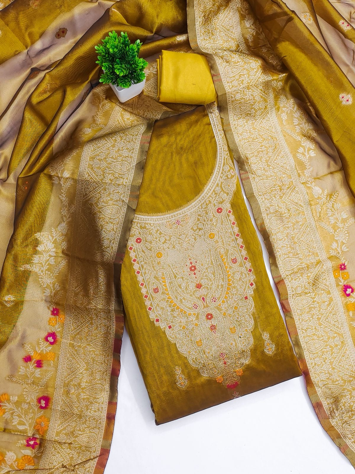 Chanderi Silk Jeckquard Weaving Work 3Pc Dress Material for Women (Unstitched)