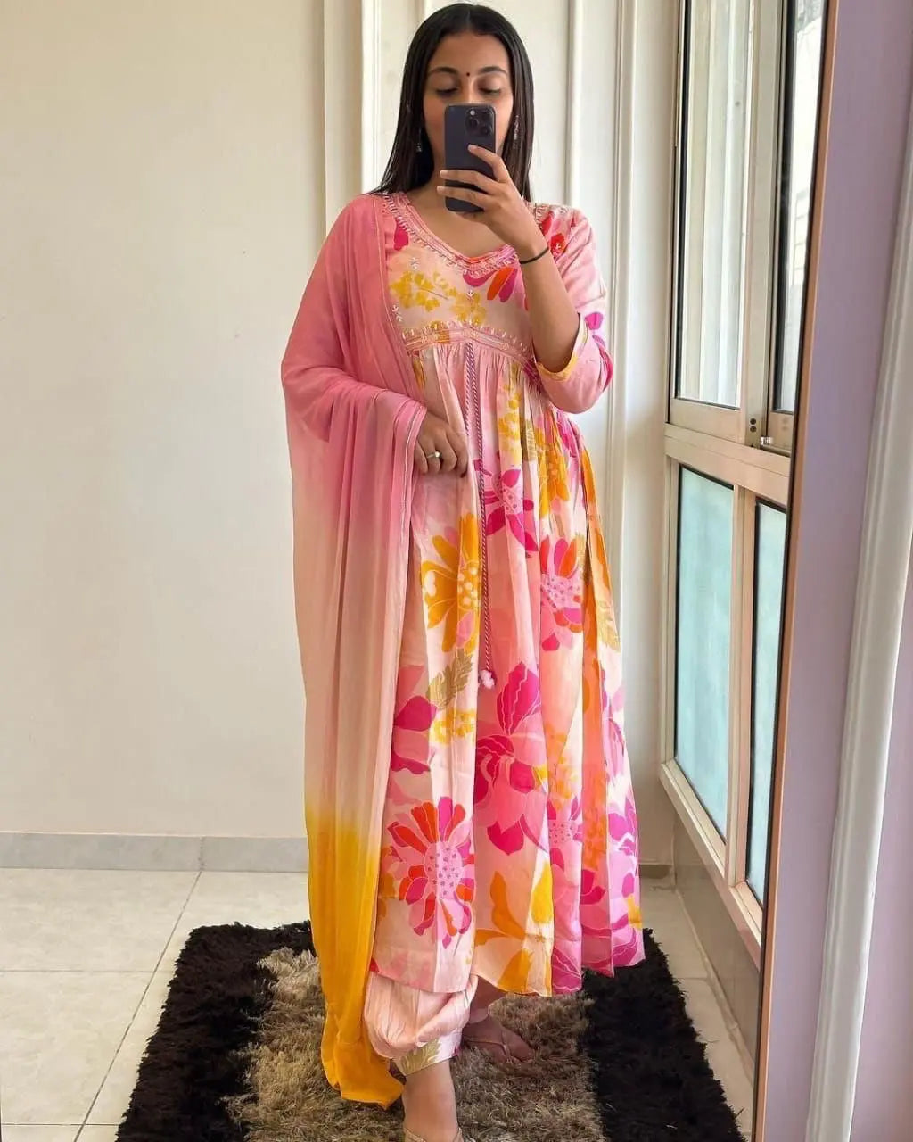 Floral Digital Print Lace embroidery work Afghani Kurti Pant Set - Premium from Ethenika.com - Just INR 2290! Shop now at Ethenika.com