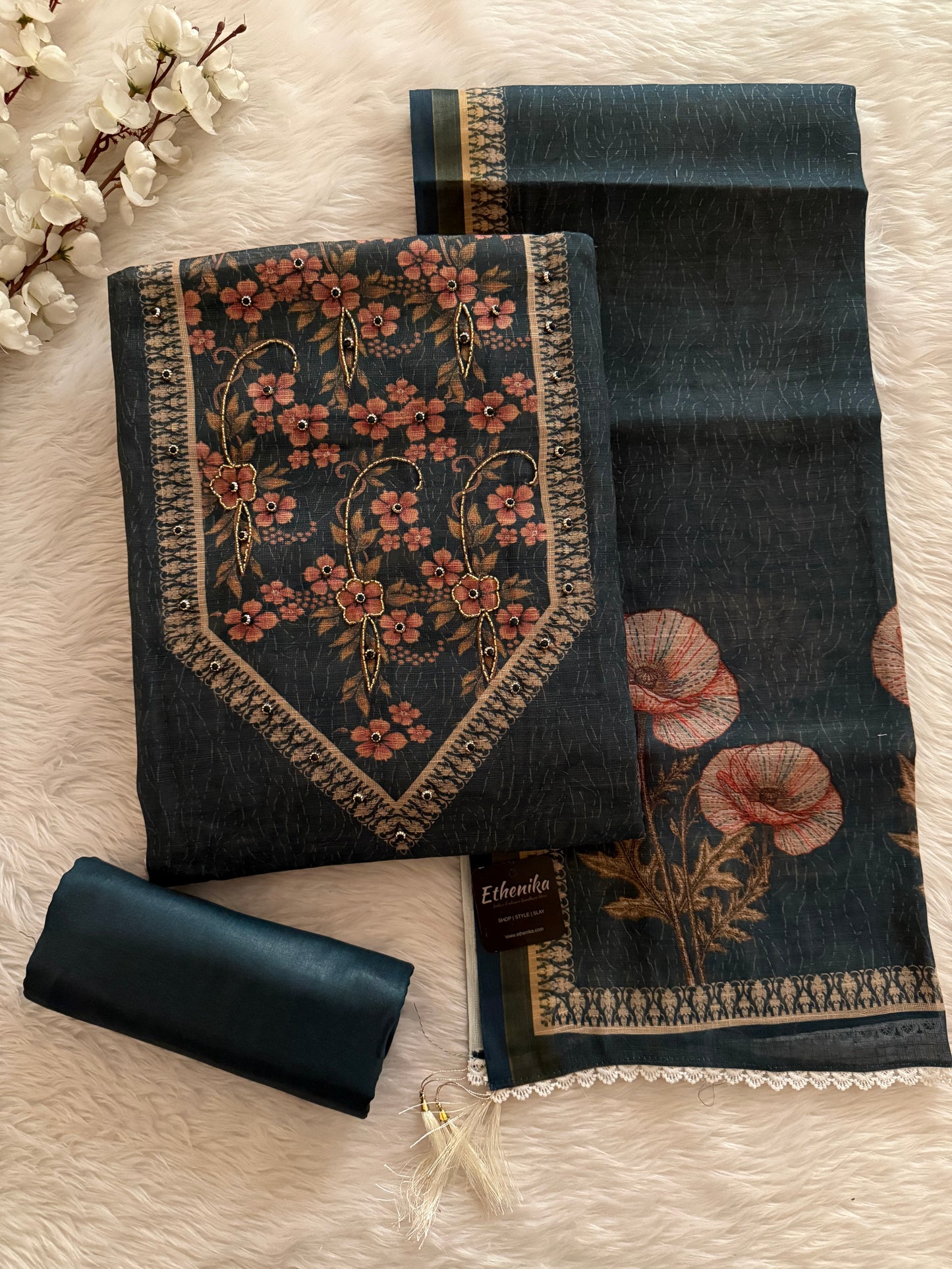 Handloom Cotton Digital Print With Stone Work Dress Material