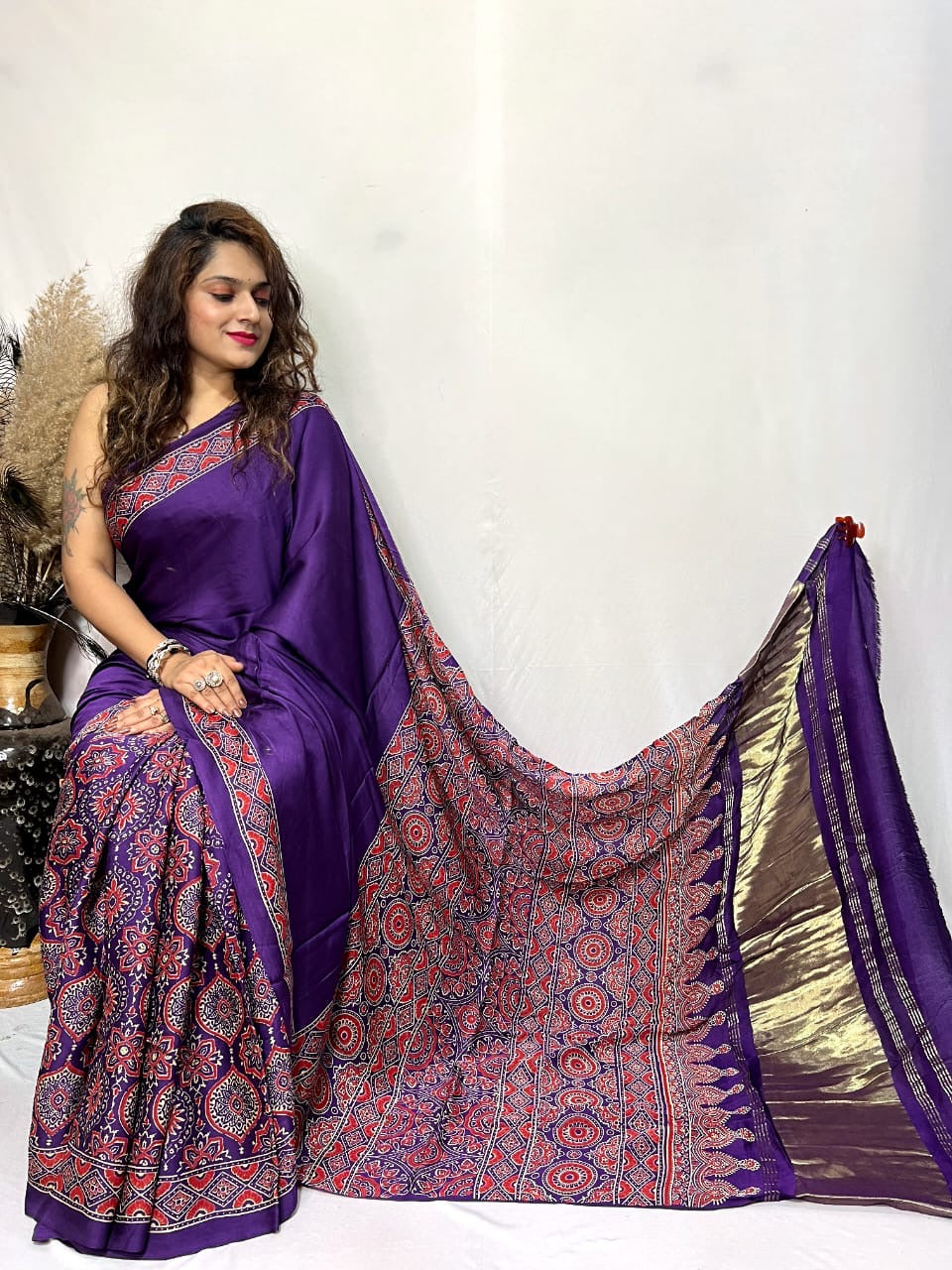 Modal fine Silk Hand Blocked Ajrakh work Saree - Premium from Ethenika.com - Just INR 5990! Shop now at Ethenika.com