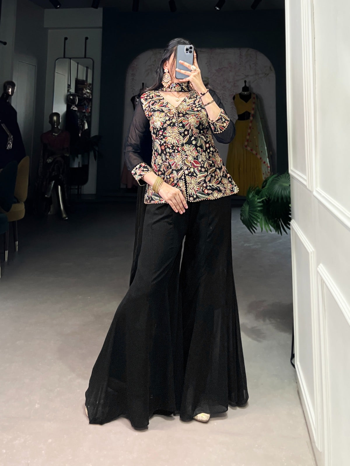 Georgette Threa Embroidery work Black Beauty Kurti Sharara Dupatta Set - Premium from Ethenika.com - Just INR 3990! Shop now at Ethenika.com