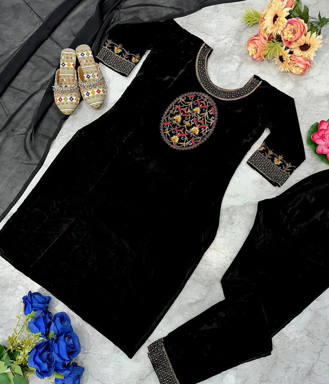 Winter Special Designer Black Velvet Kurti Pant Dupatta Set - Premium from Ethenika.com - Just INR 2590! Shop now at Ethenika.com