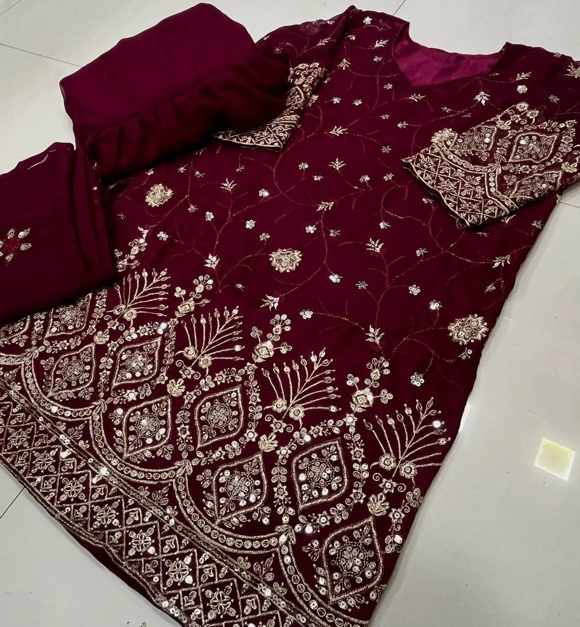 Georgette Sequence Embroidery Work Kurti Sharar Dupatta Set - Premium from Ethenika.com - Just INR 2590! Shop now at Ethenika.com