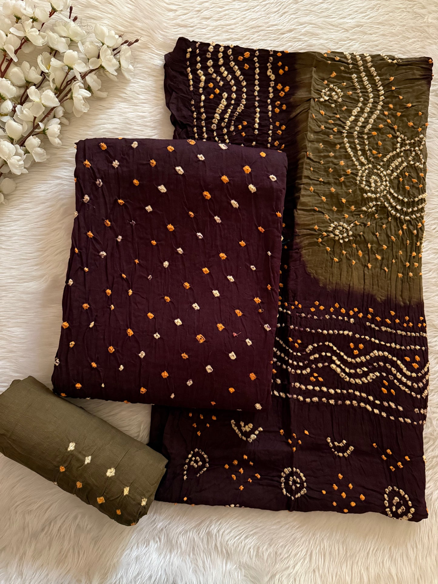 Cotton Satin Heavy Bandhej Work Contrast Kutch Bandhani Dress Material (Unstitched)