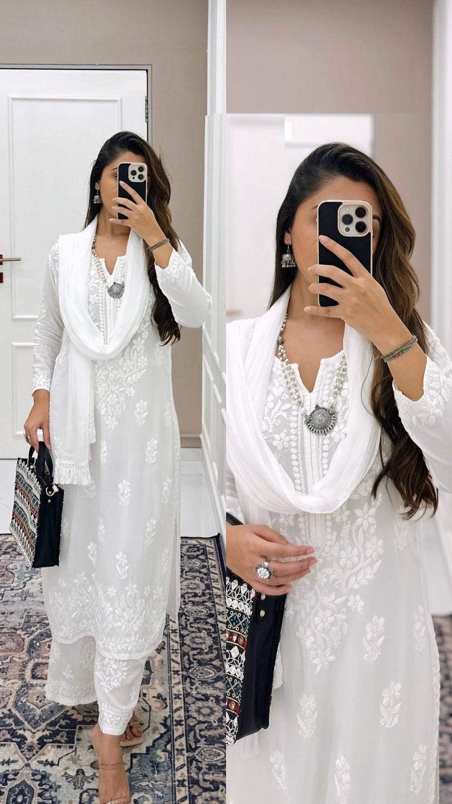Muslin White Thread Embroidery work Kurta Palazo Dupatta Set (Stitched) - Premium from Ethenika.com - Just INR 2190! Shop now at Ethenika.com