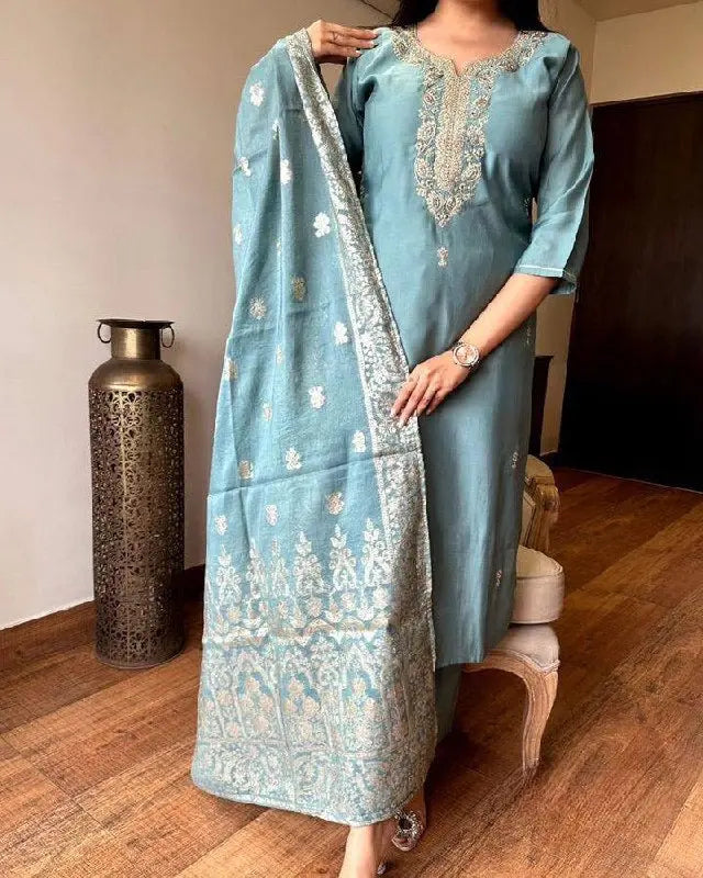 Viscose Chanderi Neck work Kurti Pant Dupatta Set - Premium from Ethenika.com - Just INR 2990! Shop now at Ethenika.com
