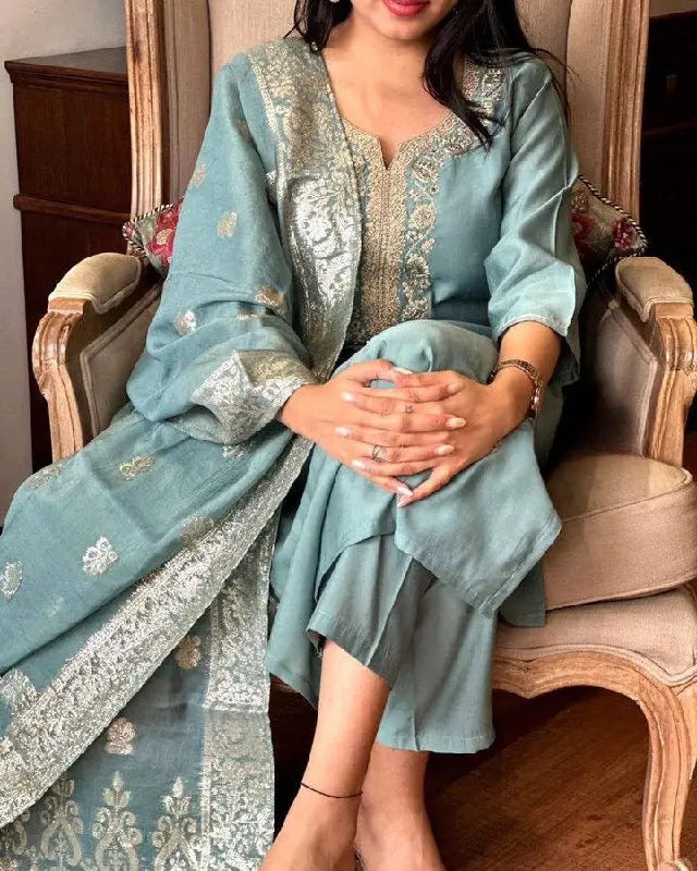 Viscose Chanderi Neck work Kurti Pant Dupatta Set - Premium from Ethenika.com - Just INR 2990! Shop now at Ethenika.com