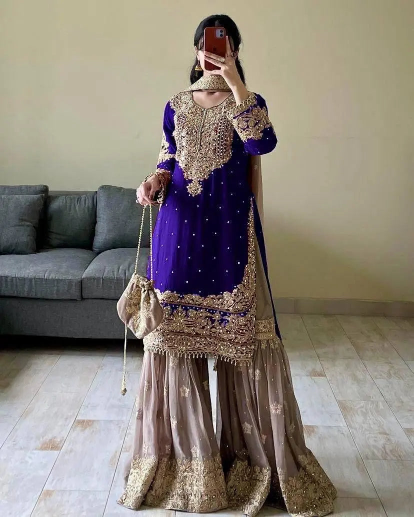 Real mirror Embroidery work Kurti Sharara Dupatta set - Premium from Ethenika.com - Just INR 3990! Shop now at Ethenika.com