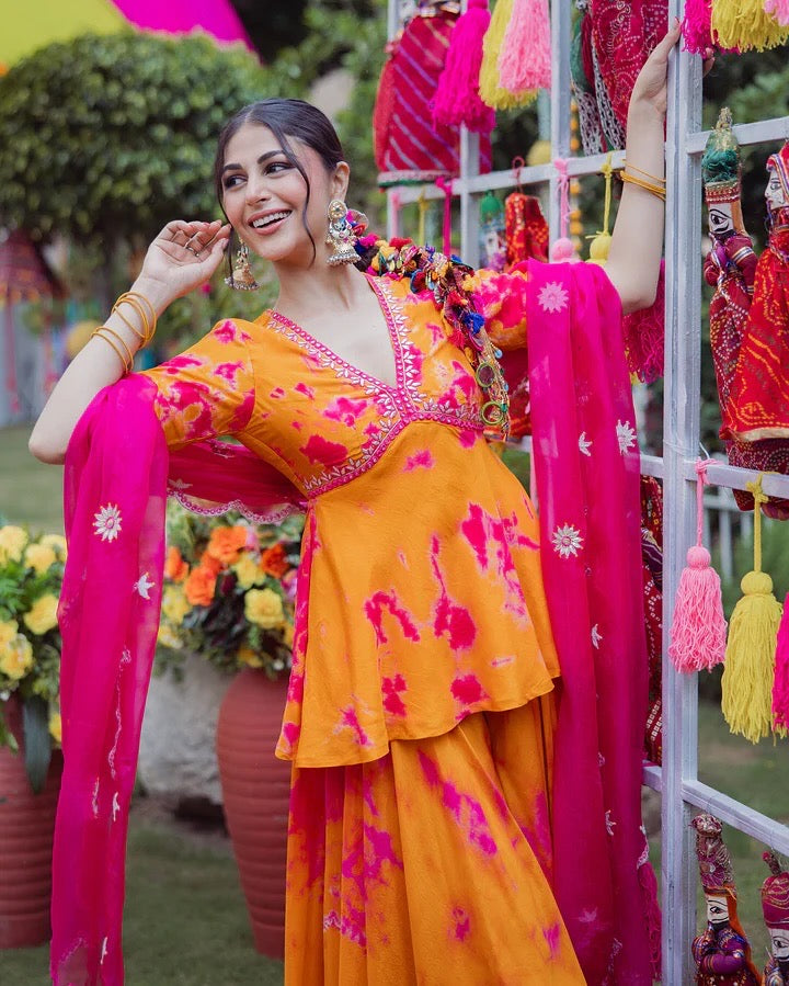 French Crepe Fabric Digital Print Work Flair Top 3Pc Kurti Pant Dupatta Set (Ready to Wear)