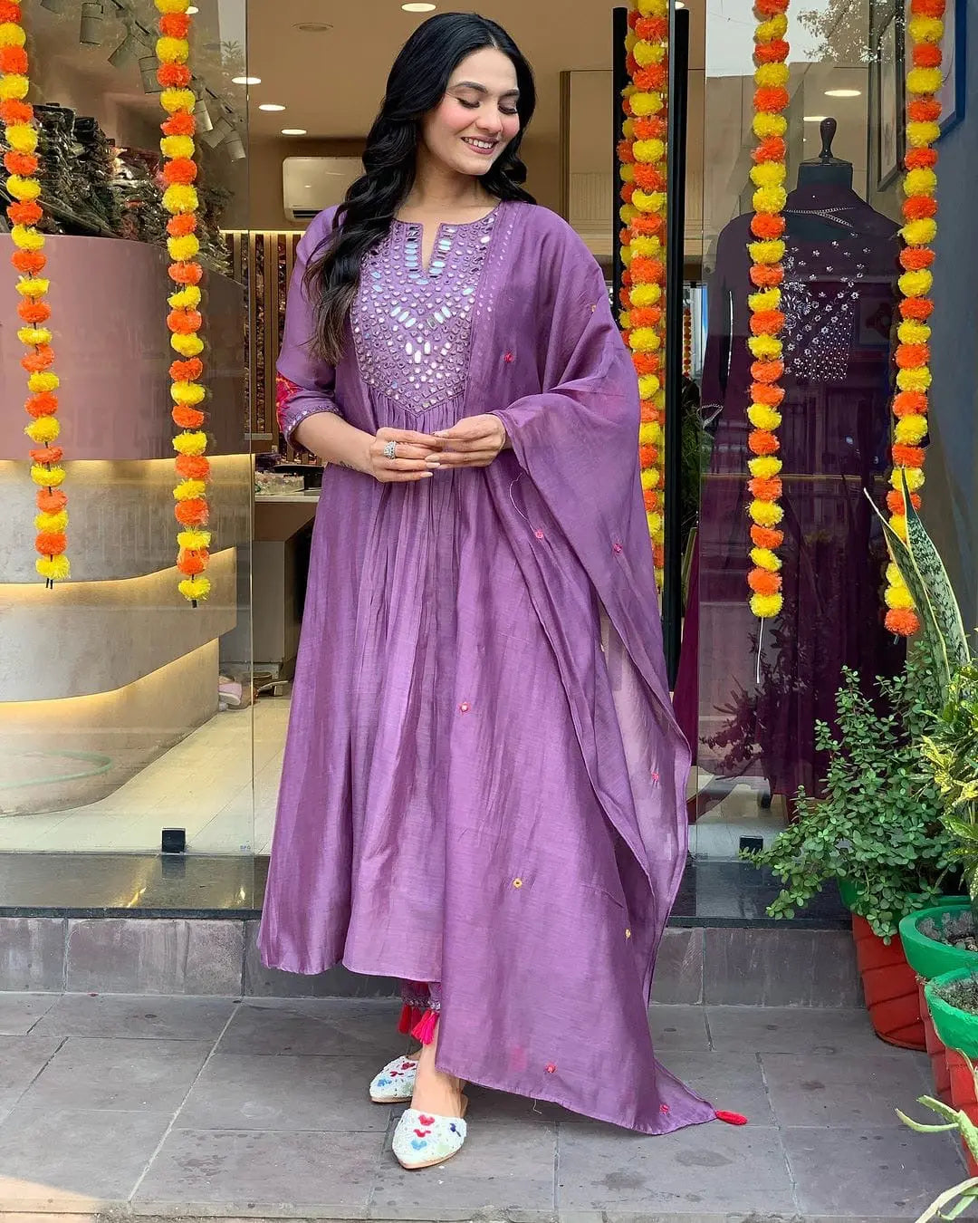 Mal Chanderi Silk Mirror work Alia Cut Kurti Palazzo Dupatta Set (Stitched) - Premium from Ethenika.com - Just INR 2590! Shop now at Ethenika.com
