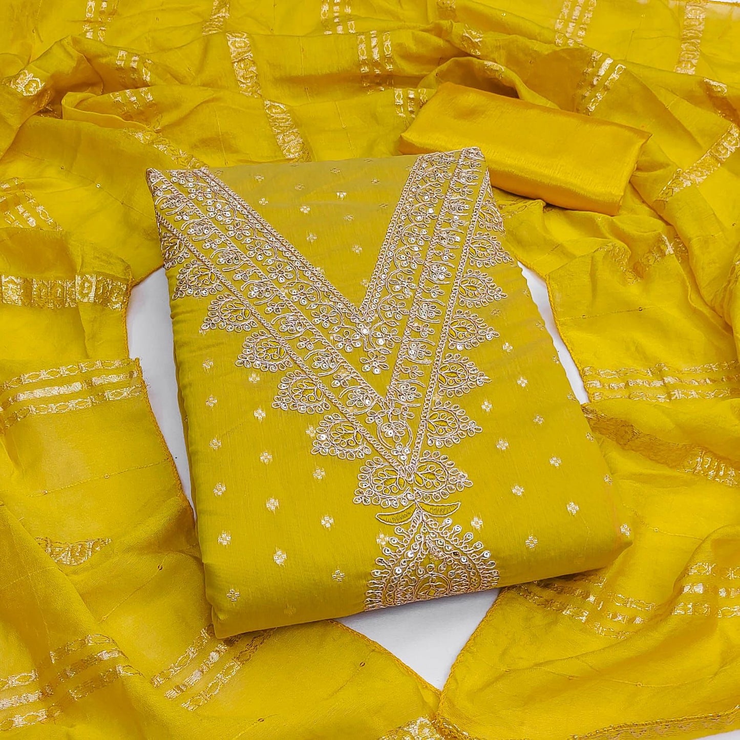 Chanderi Neck Sequence Embroidery Work Dress Material (Unstitched)