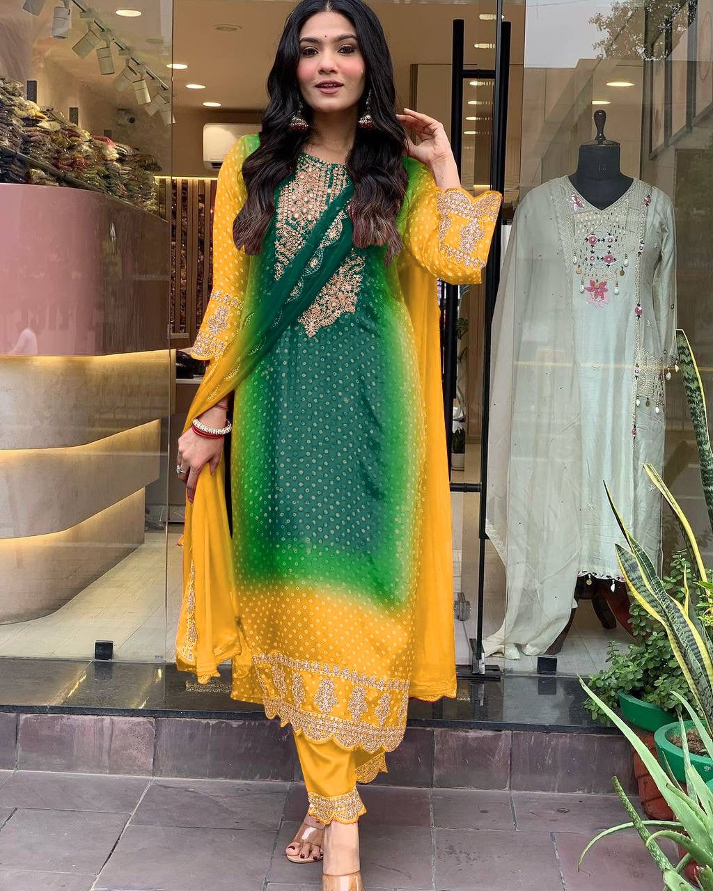 Chinon Digital Bandhani Print with Neck Thread Embroidery work Kurti Pant Dupatta Set(Stitched) - Premium from Ethenika.com - Just INR 2990! Shop now at Ethenika.com