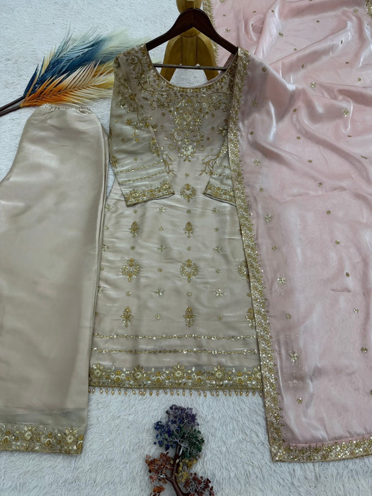 Silk Sequence Embroidery Work Designer Kurti Pant Dupatta Set