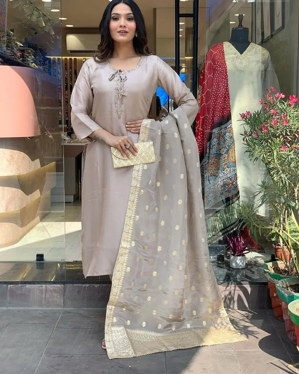 Roman Silk Jeckard Hand work Zari Weaving work Kurti Pant Dupatta Set (Stitched) - Premium from Ethenika.com - Just INR 2990! Shop now at Ethenika.com