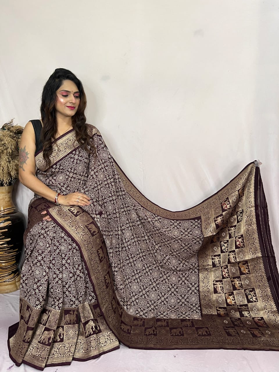 Dola Silk Authentic Hand Crafted Ajrakh Work Saree - Premium from Ethenika.com - Just INR 5990! Shop now at Ethenika.com
