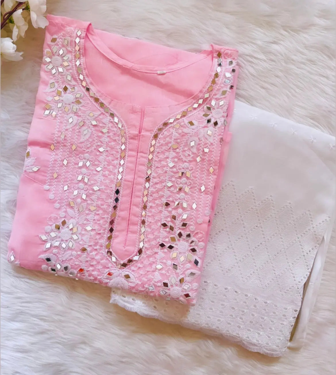 Mirror Chikankari work Kurti with Pallazo Set (Stitched) Pink Ethenika.com Mirror Chikankari work Kurti with Pallazo Set (Stitched) Pink Ethenika.com