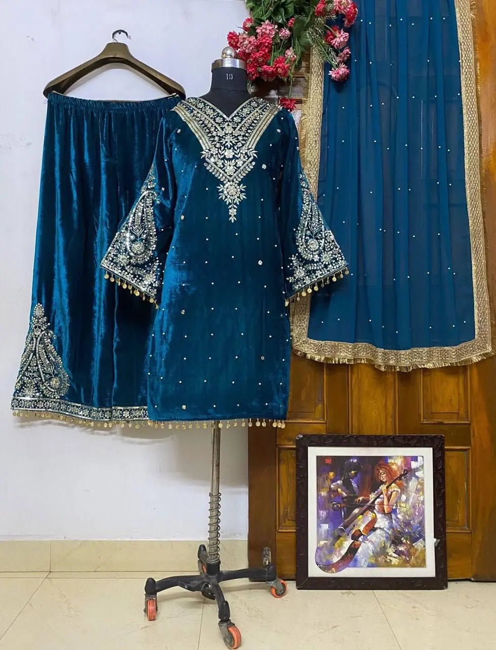Ethenika Embroidery Work Winter Wear Velvet Kurti Pant Dupatta Set - Premium from Ethenika.com - Just INR 2790! Shop now at Ethenika.com