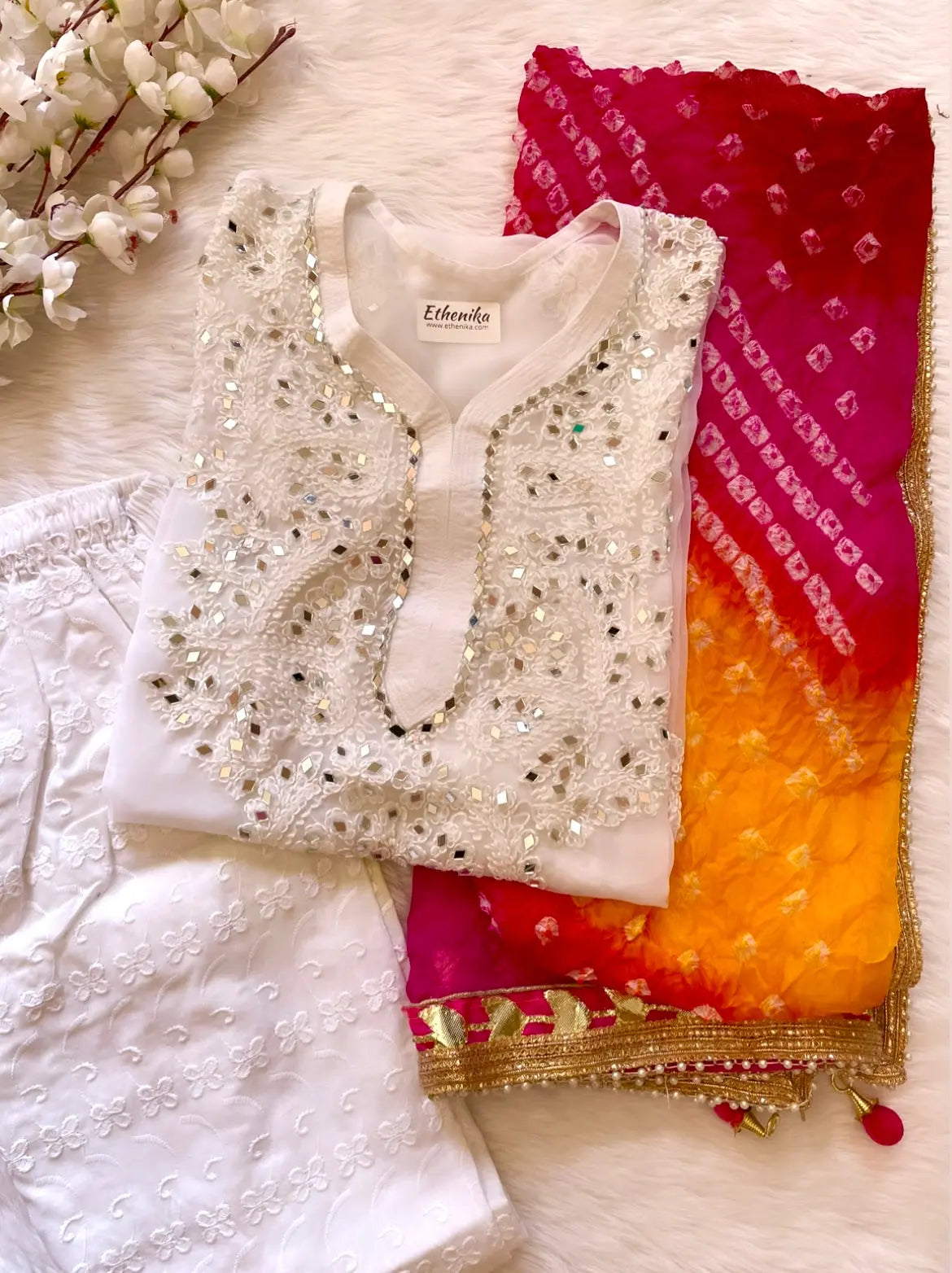 Real Mirror Work Chikankari Kurti with Pant and Bandhani Work Dupatta Set (Stitched) - Premium from Ethenika.com - Just INR 2190! Shop now at Ethenika.com