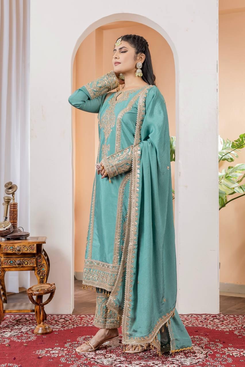 Chinon Silk Sequence Embroidery Work Pakistani Party Wear Salwar Suit Dupatta Set (Fully Stitched) - Premium from Ethenika.com - Just INR 3990! Shop now at Ethenika.com