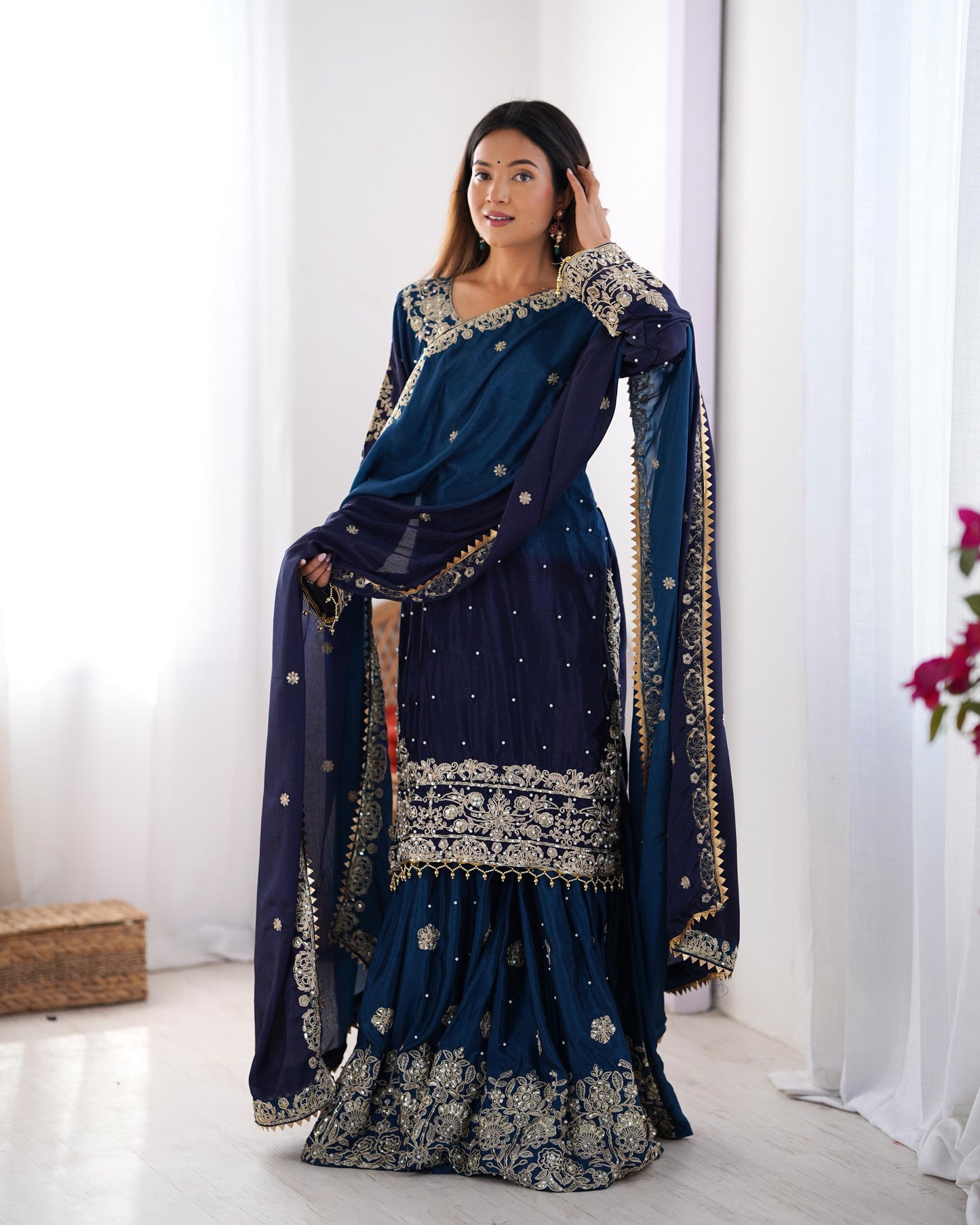 Chinon Silk Real Moti work with Sequence hand embroidery work Kurti Sharara Dupatta Set (Fully Stitched) - Premium from Ethenika.com - Just INR 4990! Shop now at Ethenika.com