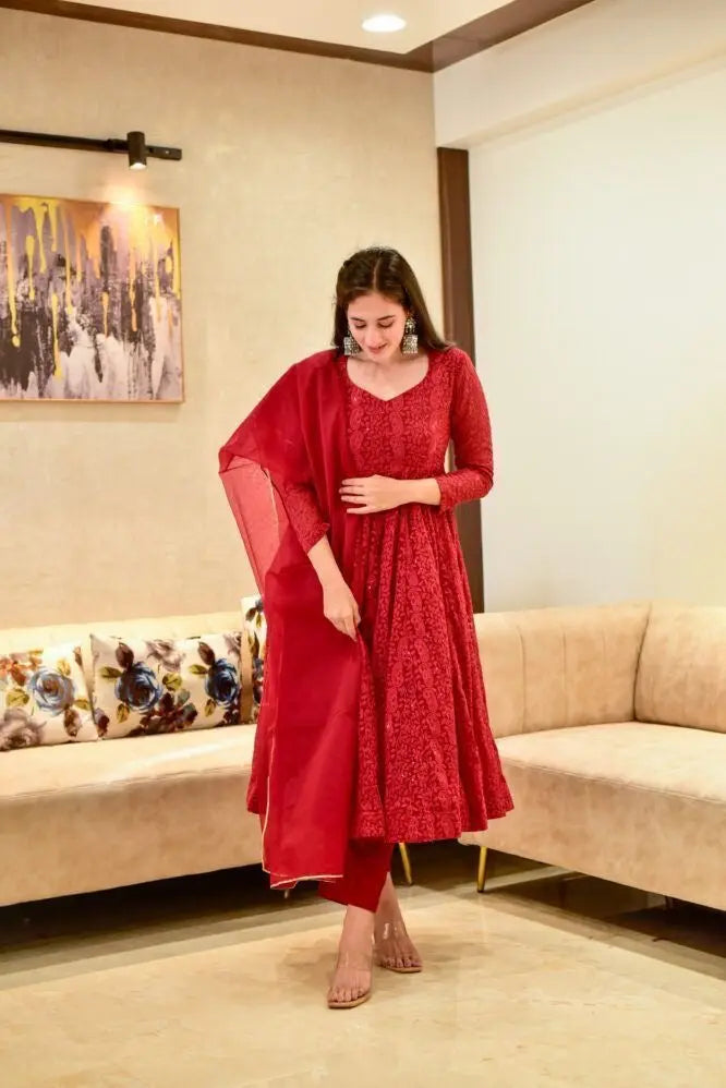 Georgette Chikankari Work Red Anarkali Dress - Premium  from Ethenika.com - Just INR 1990! Shop now at Ethenika.com