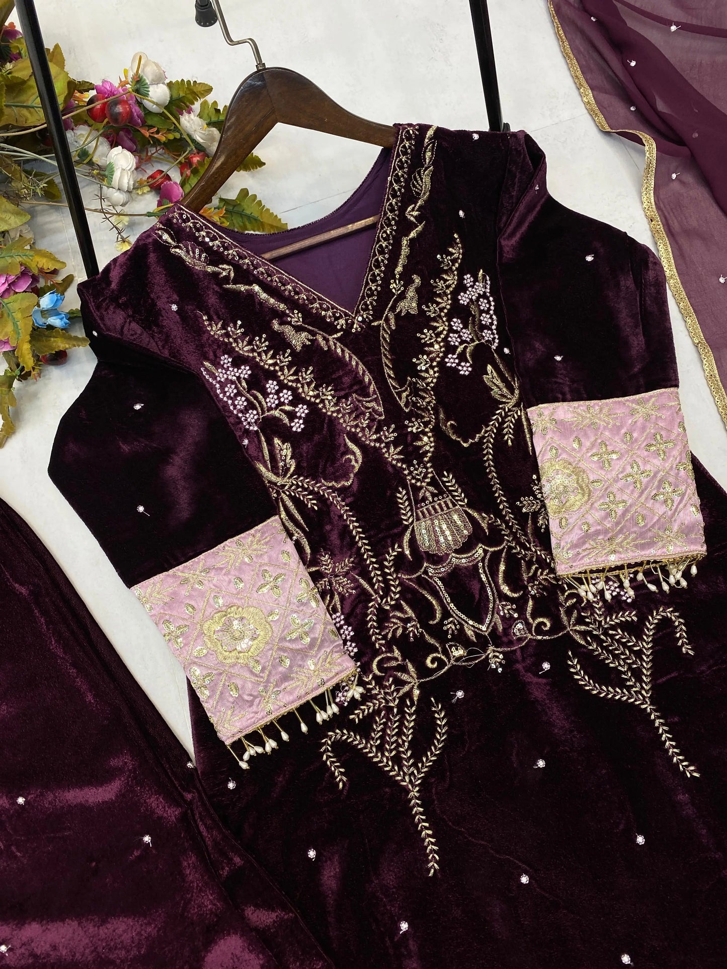 Winter Special Embroidery kodi work Velvet Kurti Pant Dupatta Set - Premium from Ethenika.com - Just INR 3290! Shop now at Ethenika.com
