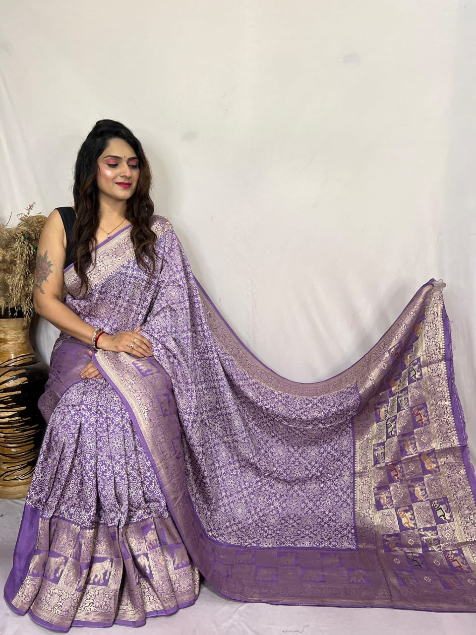 Dola Silk Authentic Hand Crafted Ajrakh Work Saree - Premium from Ethenika.com - Just INR 5990! Shop now at Ethenika.com