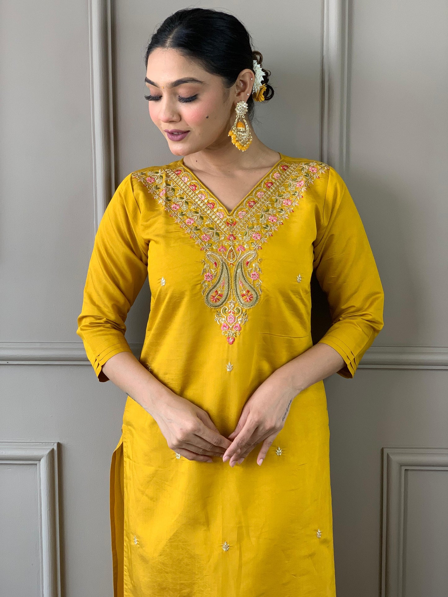 Viscos Chanderi Neck Stone Work Kurti Pant Dupatta Set (Stitched) - Premium from Ethenika.com - Just INR 2890! Shop now at Ethenika.com