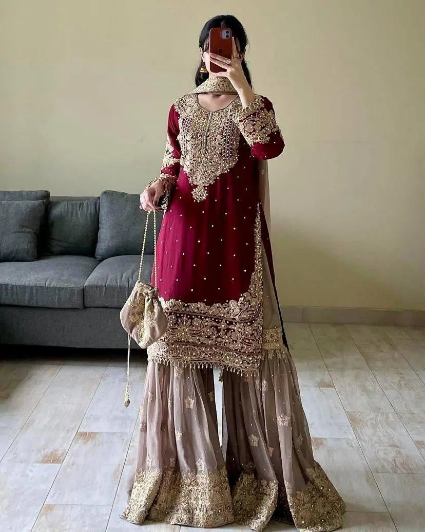 Real mirror Embroidery work Kurti Sharara Dupatta set - Premium from Ethenika.com - Just INR 3990! Shop now at Ethenika.com