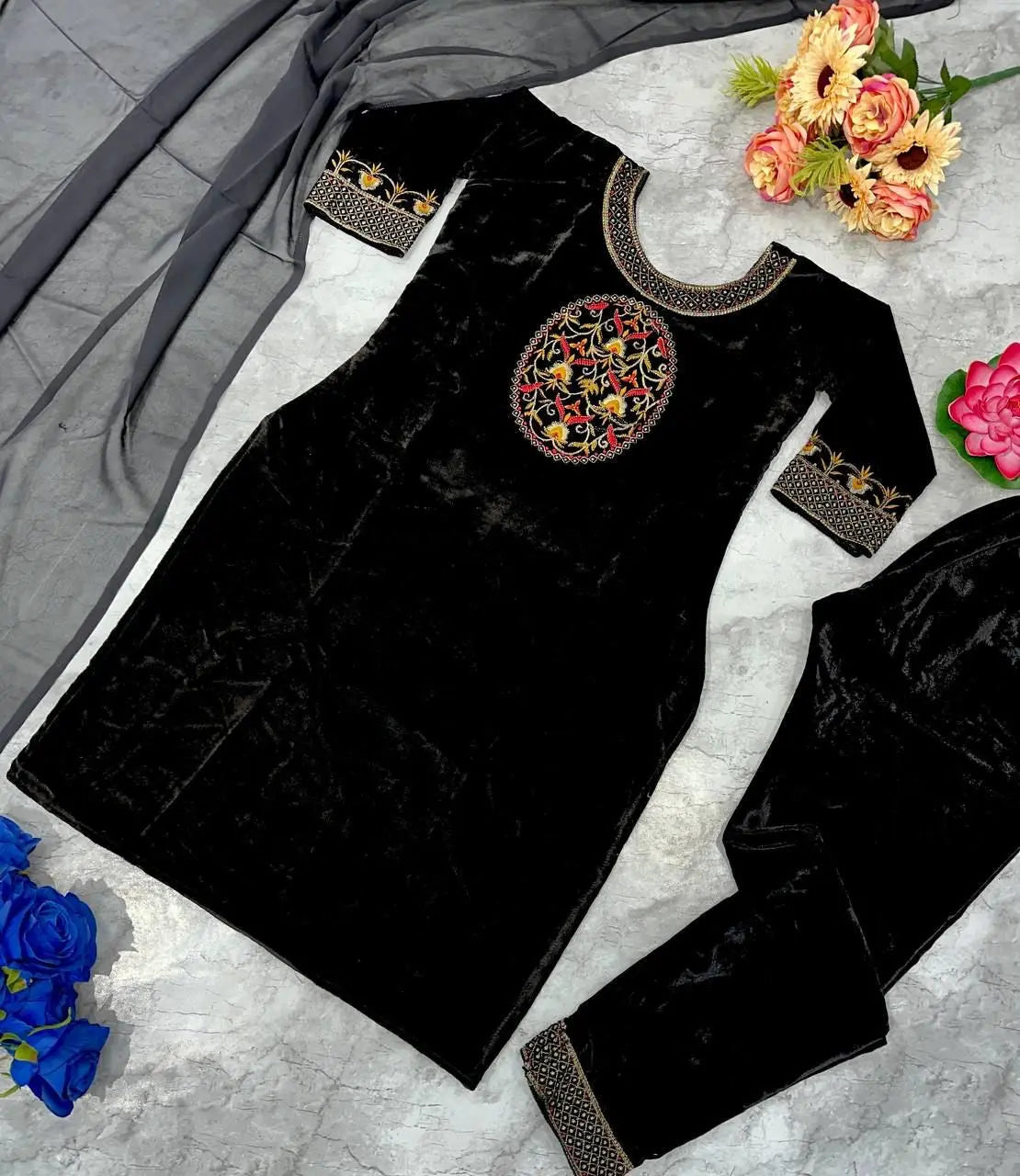 Winter Special Designer Black Velvet Kurti Pant Dupatta Set - Premium from Ethenika.com - Just INR 2590! Shop now at Ethenika.com